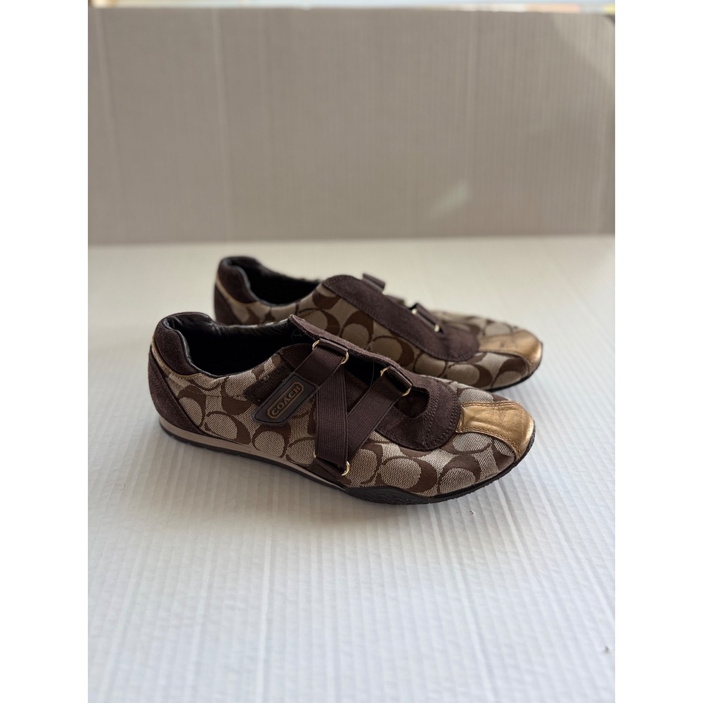 Coach Kyrie Signature Jacquard Brown Suede Gold Leather Sneakers A1197 Size 8M